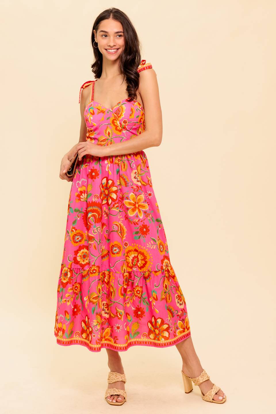 GARDEN GATHERING PINK WOVEN MIDI DRESS Flying Tomato